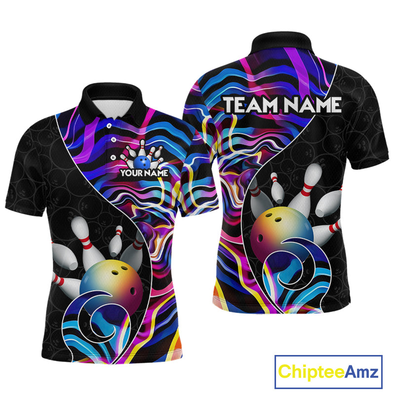 Custom Blue Neon Wave Bowling Team Shirts, Strike Bowling Shirts For Men Bowling Jersey HNT465