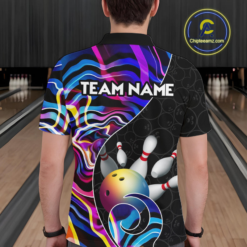Custom Blue Neon Wave Bowling Team Shirts, Strike Bowling Shirts For Men Bowling Jersey HNT465