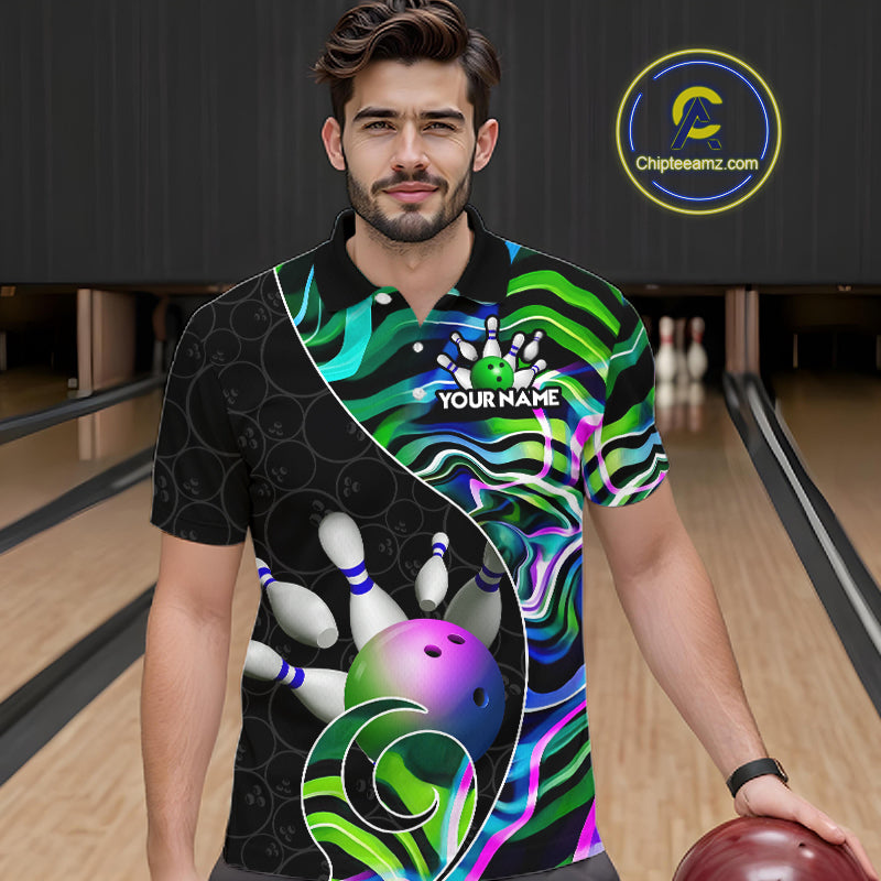Custom Green Neon Wave Bowling Team Shirts, Strike Bowling Shirts For Men Bowling Jersey HNT465