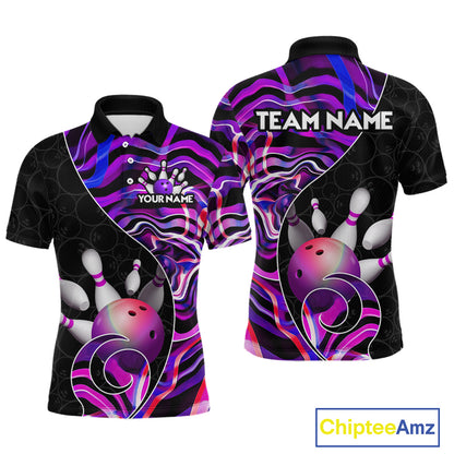 Custom Purple Neon Wave Bowling Team Shirts, Strike Bowling Shirts For Men Bowling Jersey HNT465