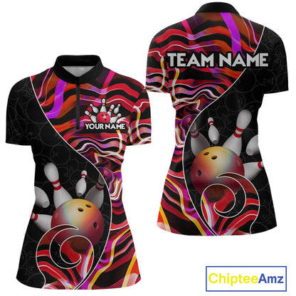 Custom Red Neon Wave Bowling Team Shirts, Strike Bowling Shirts For Women Bowling Jersey HNT465