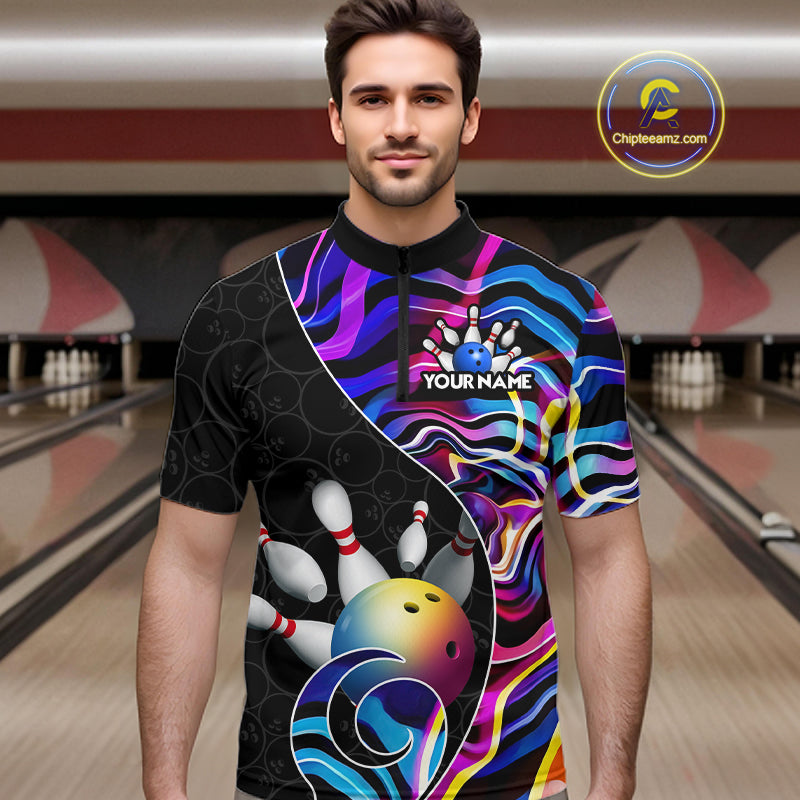 Custom Blue Neon Wave Bowling Team Shirts, Strike Bowling Shirts For Men Bowling Jersey HNT465