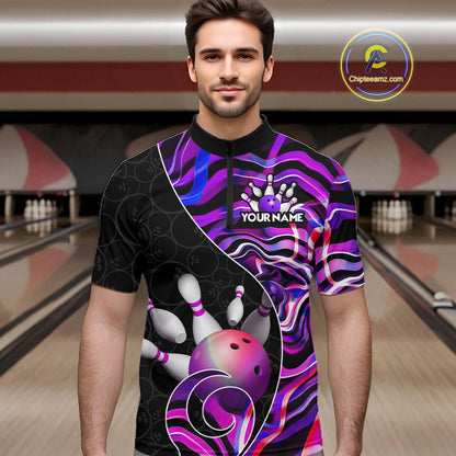 Custom Purple Neon Wave Bowling Team Shirts, Strike Bowling Shirts For Men Bowling Jersey HNT465