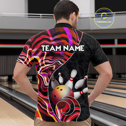 Custom Red Neon Wave Bowling Team Shirts, Strike Bowling Shirts For Men Bowling Jersey HNT465