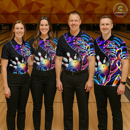 Custom Blue Neon Wave Bowling Team Shirts, Strike Bowling Shirts For Men Bowling Jersey HNT465