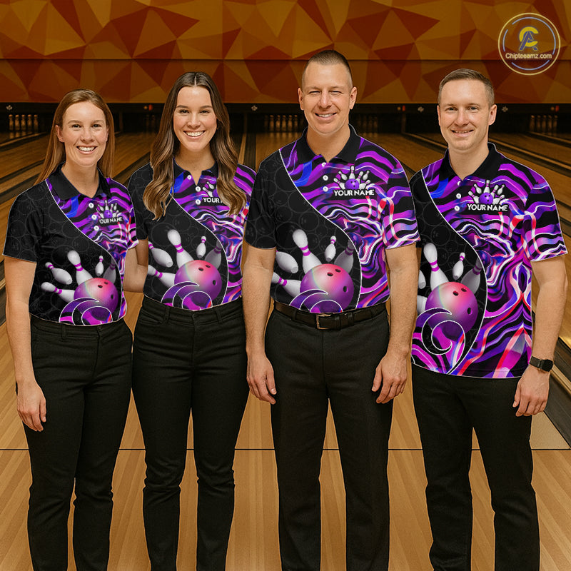 Custom Purple Neon Wave Bowling Team Shirts, Strike Bowling Shirts For Men Bowling Jersey HNT465