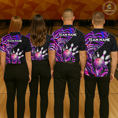 Custom Purple Neon Wave Bowling Team Shirts, Strike Bowling Shirts For Men Bowling Jersey HNT465