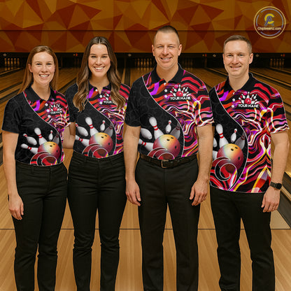 Custom Red Neon Wave Bowling Team Shirts, Strike Bowling Shirts For Men Bowling Jersey HNT465