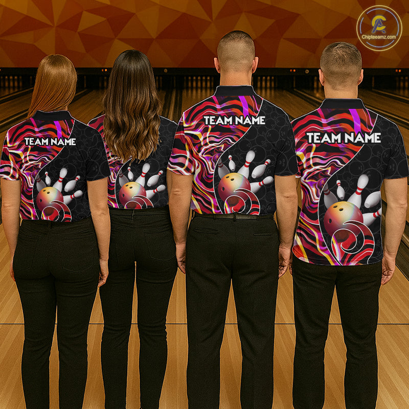 Custom Red Neon Wave Bowling Team Shirts, Strike Bowling Shirts For Women Bowling Jersey HNT465