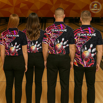 Custom Red Neon Wave Bowling Team Shirts, Strike Bowling Shirts For Women Bowling Jersey HNT465