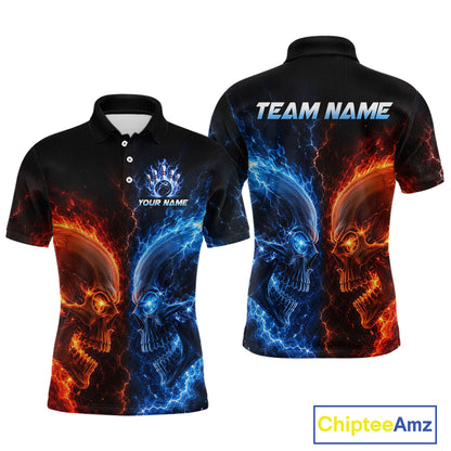 Custom fire lightning skull bowling jersey for men, custom team bowling polo shirt front view and back view