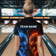 Load image into Gallery viewer, Women’s fire lightning skull bowling polo shirt, back view on female model in bowling lane 