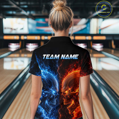 Women’s fire lightning skull bowling quarter zip shirt, back view on female model in bowling lane 