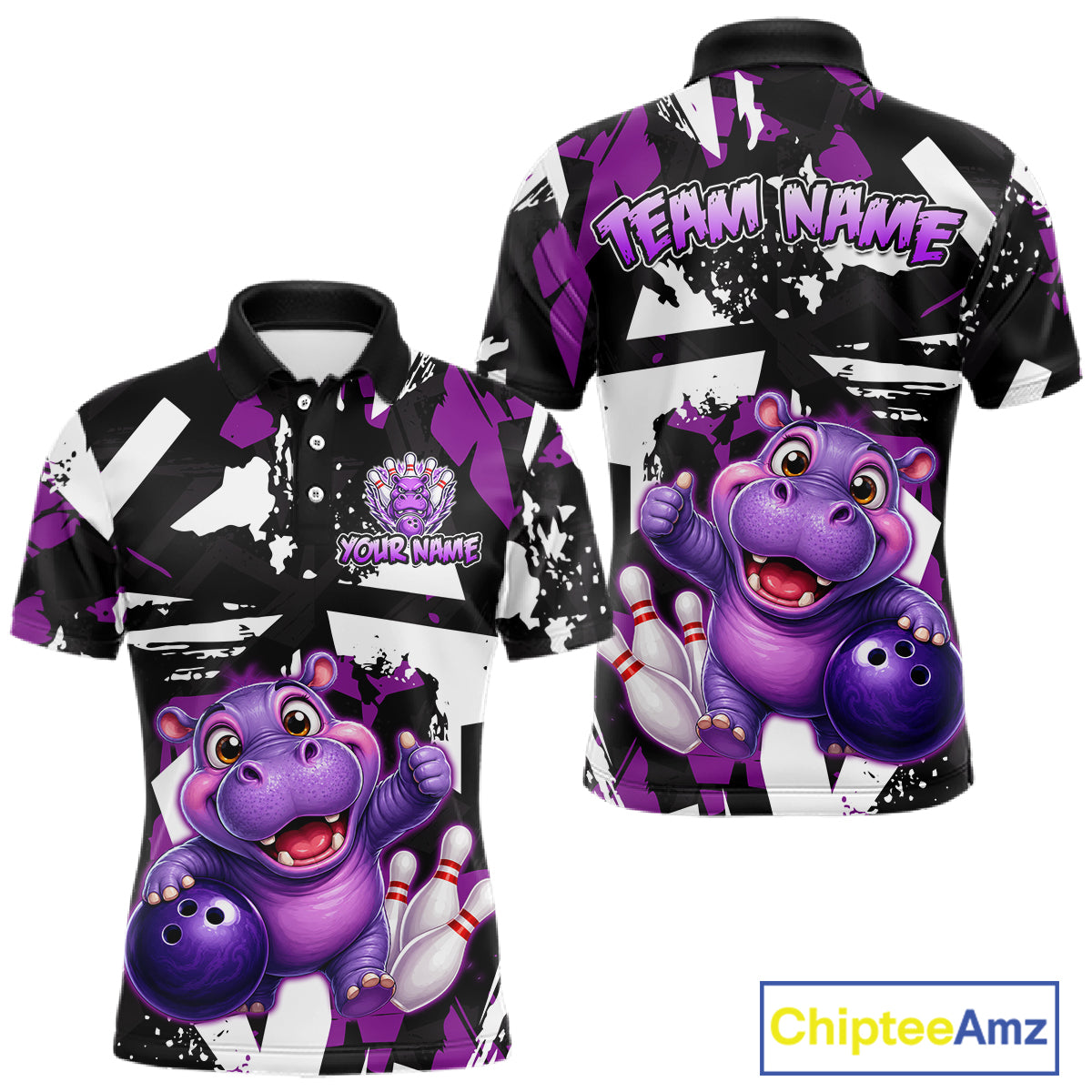 Front and back views of a black, white, and purple bowling polo shirt featuring a cheerful purple hippo holding a bowling ball, with custom team and player name text.