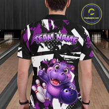 Load image into Gallery viewer, Man wearing a bowling polo shirt featuring a cheerful purple hippo mascot holding a bowling ball, with custom team name text.