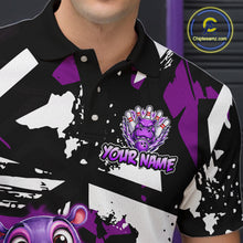 Load image into Gallery viewer, Bowling polo shirt featuring a purple hippo mascot holding a bowling ball, with custom player name text
