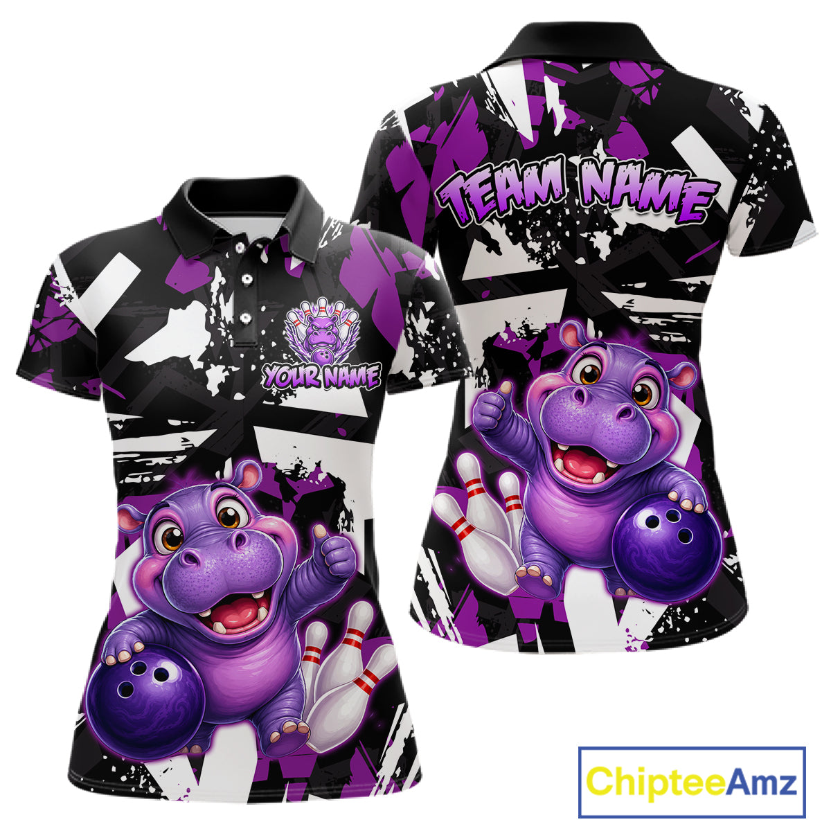 Front and back views of a black, white, and purple bowling polo shirt featuring a cheerful purple hippo holding a bowling ball, with custom team and player name text.