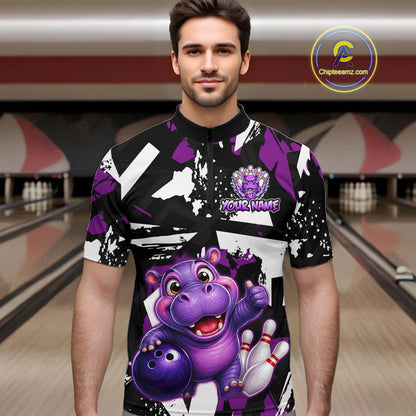 Man wearing a bowling quarter zip shirt featuring a cheerful purple hippo mascot holding a bowling ball, with custom player name text.