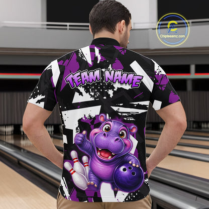 Man wearing a bowling quarter zip shirt featuring a cheerful purple hippo mascot holding a bowling ball, with custom team name text.