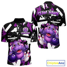 Load image into Gallery viewer, Front and back views of a black, white, and purple bowling quarter zip shirt featuring a cheerful purple hippo holding a bowling ball, with custom team and player name text.