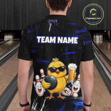 Load image into Gallery viewer, Man wearing a black bowling polo featuring a sunglasses-wearing yellow chick holding a bowling ball and beer, surrounded by smiling bowling pins, with personalized name and team name text.