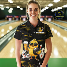 Load image into Gallery viewer, Women wearing bowling polo shirt featuring a chick holding a bowling ball surrounded by smiling pins and beer graphics on black yellow background.