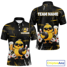 Load image into Gallery viewer, Front and back views of a black bowling polo featuring a sunglasses-wearing yellow chick holding a bowling ball and beer, surrounded by smiling bowling pins, with personalized name and team name text.