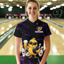 Load image into Gallery viewer, Women wearing bowling quarter zip shirt featuring a chick holding a bowling ball surrounded by smiling pins and beer graphics on black yellow background.