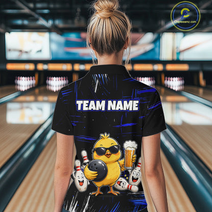 Women wearing bowling quarter zip shirt featuring a chick holding a bowling ball surrounded by smiling pins and beer graphics on black yellow background