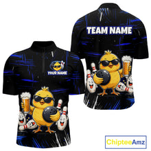 Load image into Gallery viewer, Front and back views of a black bowling quarter zip featuring a sunglasses-wearing yellow chick holding a bowling ball and beer, surrounded by smiling bowling pins, with personalized name and team name text.