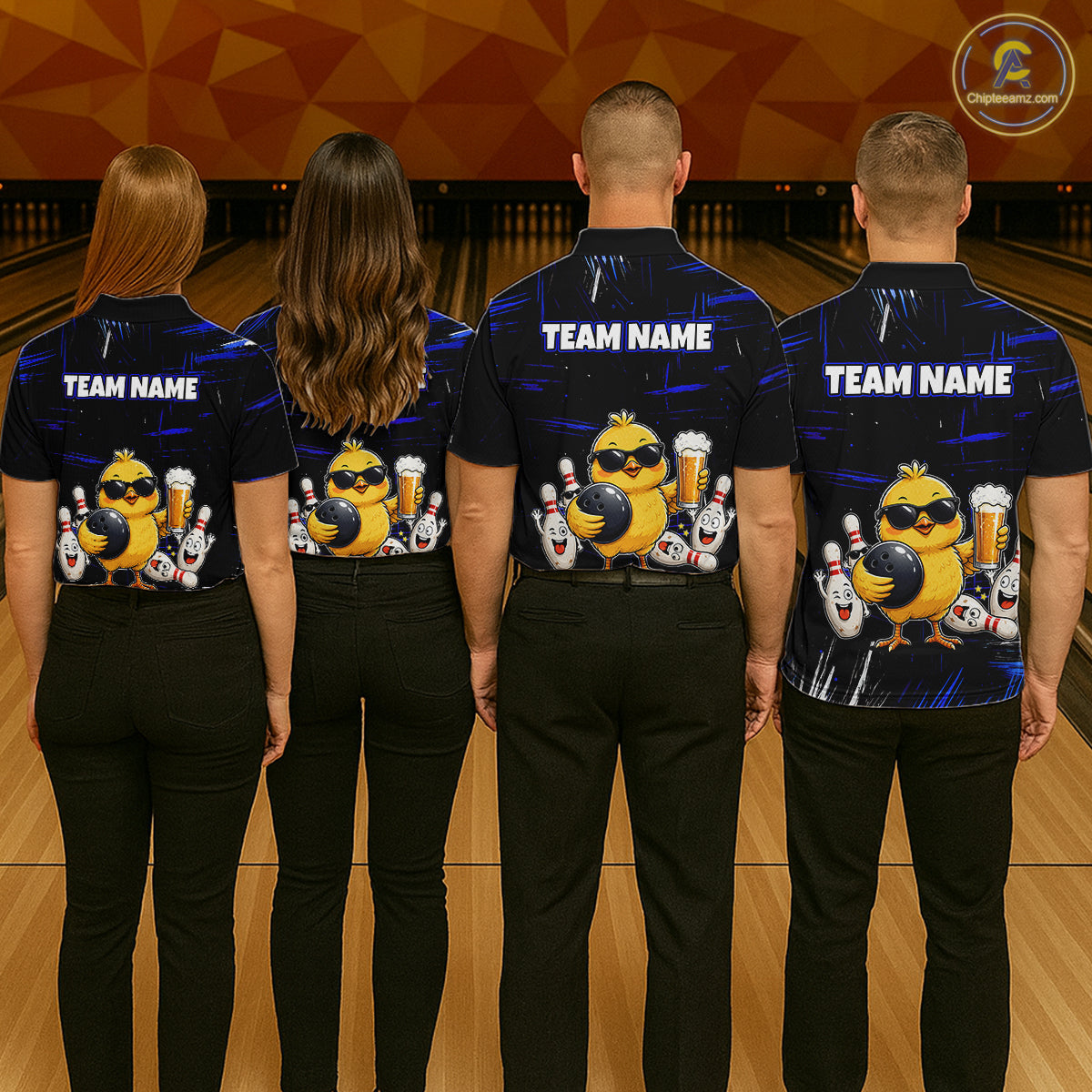 Four people wearing bowling polo shirt featuring a chick holding a bowling ball surrounded by smiling pins and beer graphics on black yellow background