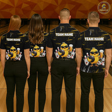 Load image into Gallery viewer, Four people wearing a black bowling polo featuring a sunglasses-wearing yellow chick holding a bowling ball and beer, surrounded by smiling bowling pins, with personalized name and team name text.