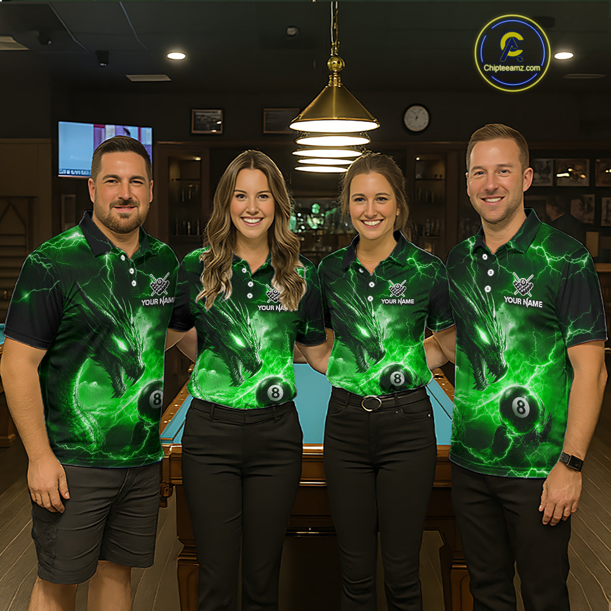 Custom Green Lightning Dragon 8 Ball Billiard Shirts for Women Billiard Team Jerseys Billiard League NNT281