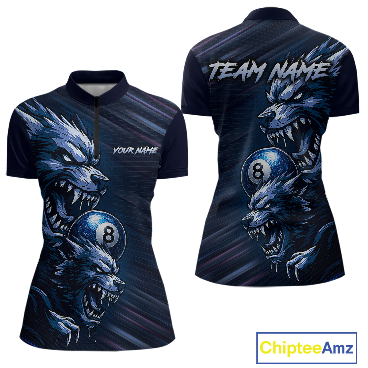 Custom Blue Wolf 8 Ball Billiard Shirts for Women Billiard Team Jerseys Billiard League NNT274