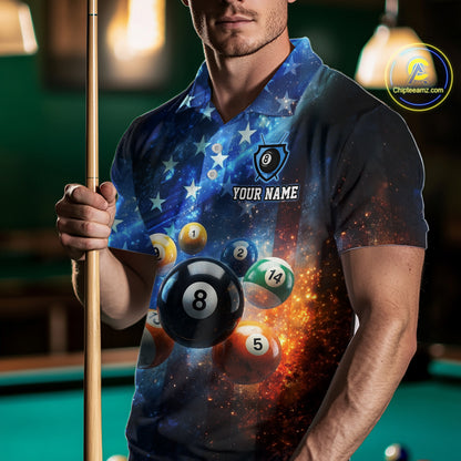 Person wearing a colorful pool-themed shirt with a pool cue, standing in front of a pool table.