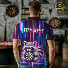 Load image into Gallery viewer, Man wearing darts polo shirt featuring a raccoon holding a dartboard framed by neon light effects on a black background.