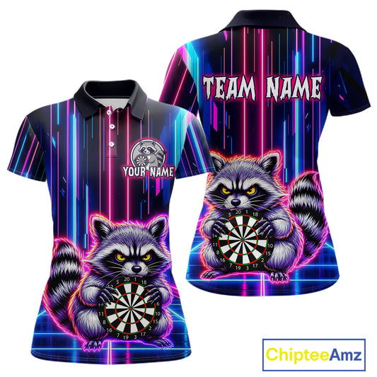 Front and back darts polo shirt featuring a raccoon holding a dartboard framed by neon light effects on a black background.