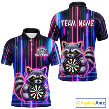 Load image into Gallery viewer, Front and back darts polo shirt featuring a raccoon holding a dartboard framed by neon light effects on a black background.