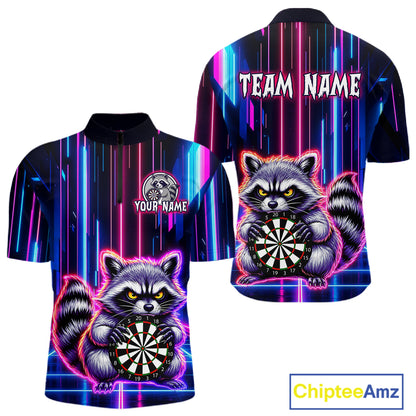 Front and back darts quarter zip shirt featuring a raccoon holding a dartboard framed by neon light effects on a black background.