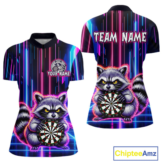 Front and back darts quarter zip shirt featuring a raccoon holding a dartboard framed by neon light effects on a black background.
