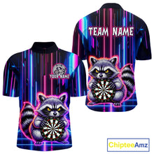 Load image into Gallery viewer, Front and back darts quarter zip shirt featuring a raccoon holding a dartboard framed by neon light effects on a black background.