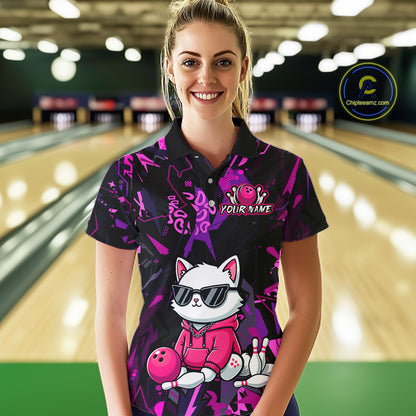 Custom Funny Cat Bowling Bowling Jersey for Women Bowling Team Shirts Polo & 1/4 Zip HNT194