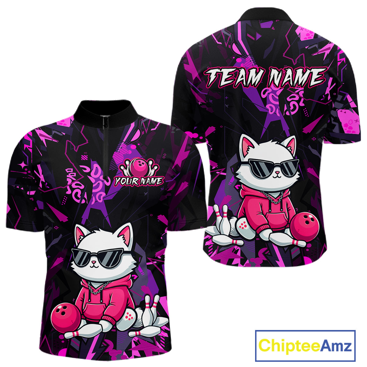 Custom Funny Cat Bowling Bowling Jersey for Men Bowling Team Shirts Polo & 1/4 Zip HNT194