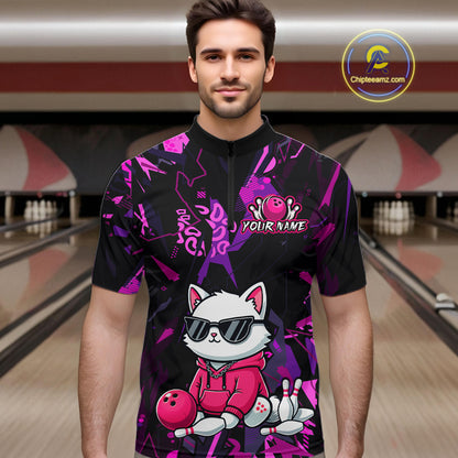 Custom Funny Cat Bowling Bowling Jersey for Men Bowling Team Shirts Polo & 1/4 Zip HNT194