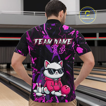 Custom Funny Cat Bowling Bowling Jersey for Men Bowling Team Shirts Polo & 1/4 Zip HNT194