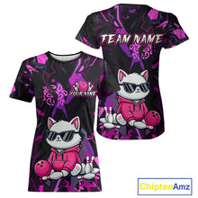 Load image into Gallery viewer, Black t-shirt with pink and white graphics of a cat bowling, sunglasses, and a ball, with 'Team Name' and 'Your Name' text space.