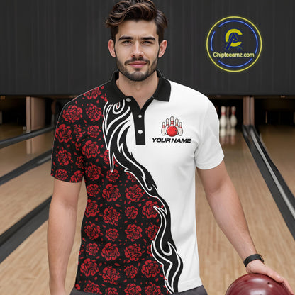 Custom Red Rose Flowers Bowling Jersey for Men Polo & 1/4 Zip Bowling Team Shirts HNT212