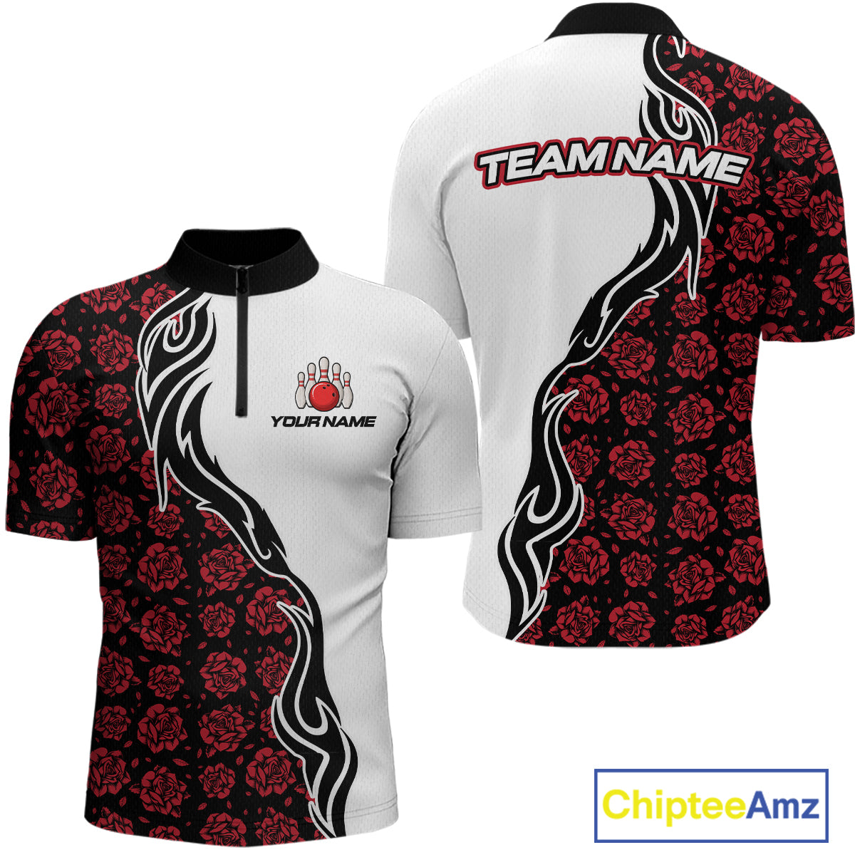 Custom Red Rose Flowers Bowling Jersey for Men Polo & 1/4 Zip Bowling Team Shirts HNT212