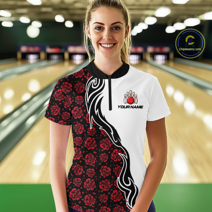 Custom Red Rose Flowers Bowling Jersey for Women Polo & 1/4 Zip Bowling Team Shirts HNT212