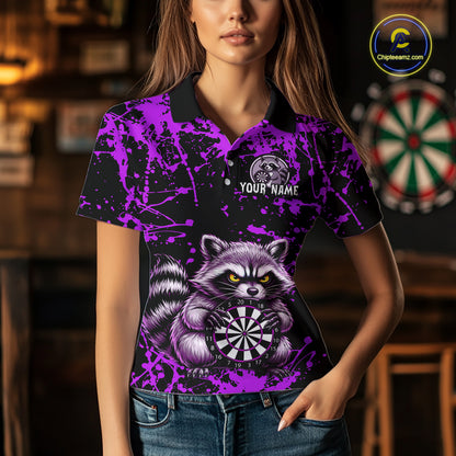 Custom Purple Raccoon Funny Dart Shirt Dart Team Jersey for Women Dartboard Polo & 1/4 Zip Shirts NNT170